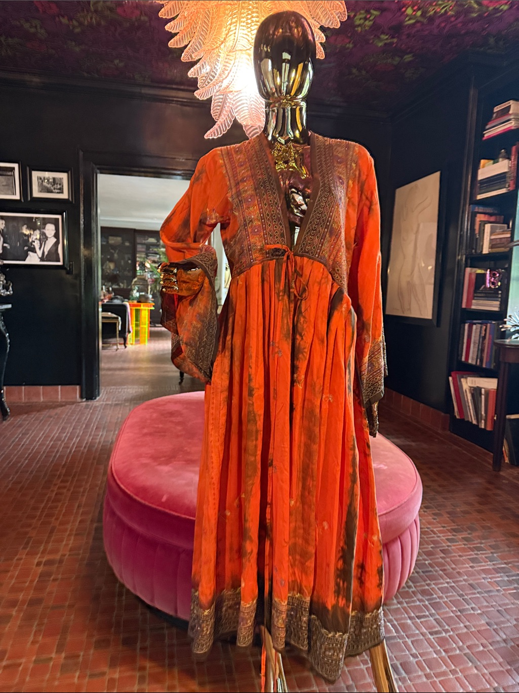 A Vintage Orang Tie Dye And Sequin Open Front Robe